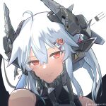  1girl ahoge bare_shoulders chin_guard closed_mouth collarbone commentary_request fang hair_between_eyes hair_ornament hairclip headgear looking_at_viewer mecha_musume medium_hair original raised_eyebrow red_eyes sigure-zzzz skin_fang slit_pupils smile solo white_background white_hair 
