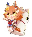  +_+ 1girl :d animal_ears backpack bag bangs bead_bracelet beads blush bracelet chibi clothing_cutout clover_hair_ornament daruma_doll ema hair_ornament highres holding_strap horse_ears horse_girl horse_tail jewelry looking_at_viewer maneki-neko matikanefukukitaru_(umamusume) neckerchief nihudau open_mouth orange_hair outstretched_arm pleated_skirt red_neckerchief sailor_collar shoulder_cutout simple_background skirt smile solo strap tail umamusume v-shaped_eyebrows white_background white_legwear yellow_eyes 