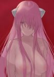  1girl animal_ears areolae closed_mouth completely_nude elfen_lied hair_over_breasts hair_over_one_eye ikuchan_kaoru long_hair looking_at_viewer lucy_(elfen_lied) nude one_eye_covered pink_hair red_background simple_background solo 
