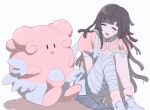  1girl 1other apron bandaged_leg bandages bangs blissey blunt_bangs blunt_ends blush closed_eyes colored_skin danganronpa_(series) danganronpa_2:_goodbye_despair dot_nose egg hands_on_own_knees highres knees_up long_hair looking_at_another open_mouth pink_legwear pink_shirt pink_skin pleated_skirt pokemon puffy_short_sleeves puffy_sleeves purple_hair shadow shirt short_sleeves simple_background skirt smile socks teeth tsumiki_mikan upper_teeth vo1ez white_apron white_background white_footwear white_skirt 