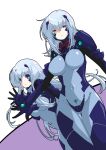  2girls ass_visible_through_thighs bangs blue_hair breasts covered_navel cryska_barchenowa eyebrows_visible_through_hair fortified_suit frown highres inia_sestina kamon_rider large_breasts leaning_forward medium_breasts multiple_girls muvluv muvluv_alternative muvluv_total_eclipse open_hand pilot_suit purple_eyes skin_tight smile v-shaped_eyebrows waving 