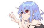  1girl bangs blue_hair commentary_request eyebrows_visible_through_hair face fingernails hands lips long_fingernails looking_at_hand medium_hair nail_polish nightgown open_mouth outline pointy_ears pursed_lips red_eyes red_nails remilia_scarlet shamo_(koumakantv) solo touhou white_background 
