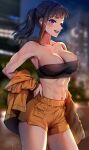  1girl abs absurdres bangs bare_shoulders blunt_bangs blurry blurry_background breasts building collarbone commentary cowboy_shot en&#039;en_no_shouboutai eyebrows_visible_through_hair foxyreine hand_on_hip highres jacket large_breasts looking_at_viewer maki_oze navel night night_sky orange_jacket orange_shorts outdoors ponytail short_shorts shorts sky skyscraper smile standing sweat thighs toned wide_hips 