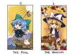 2girls alternate_costume blonde_hair blue_eyes blue_hair bow braid chibi cirno dog dress eyebrows_visible_through_hair fairy fairy_wings flower grail green_bow hair_bow hat hat_bow highres ice ice_wings kirisame_marisa knife long_hair looking_at_viewer mountain multiple_girls mushroom open_mouth poncho rose shitacemayo short_hair simple_background single_braid smile snowflakes star_(symbol) sun tarot touhou wand white_background white_bow white_dress wings witch_hat yellow_eyes 