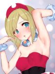  1girl armpits arms_up bangs blonde_hair blue_eyes blush bracelet breasts cleavage collarbone covered_nipples dress eyebrows_visible_through_hair gradient gradient_background grey_background hairband highres irida_(pokemon) jewelry open_mouth pokemon pokemon_(game) pokemon_legends:_arceus red_dress red_hairband rocha_(aloha_ro_cha) short_hair small_breasts solo strapless strapless_dress sweat upper_body 