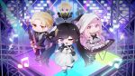  4girls 5boys absurdres black_hair blonde_hair blue_hair changyu_(punishing:_gray_raven) chibi chrome_(punishing:_gray_raven) dress drum drum_set drumsticks earrings ella_(punishing:_gray_raven) guitar hair_ornament headphones highres instrument jewelry kamui_(punishing:_gray_raven) keyboard_(instrument) lee_(punishing:_gray_raven) liv_(punishing:_gray_raven) long_hair long_sleeves lucia_(punishing:_gray_raven) microphone multiple_boys multiple_girls pink_hair punishing:_gray_raven purple_eyes red_eyes selena_(punishing:_gray_raven) stage yuemoe 