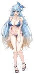 1girl :d absurdres bare_arms bare_legs bare_shoulders bikini blue_bikini blue_eyes blue_hair breasts cleavage collarbone commission full_body gradient_hair hair_ribbon hair_rings highres large_breasts long_hair looking_at_viewer multicolored_hair navel original ribbon side-tie_bikini simple_background slippers smile solo stomach string_bikini swimsuit thighs tongtangtong very_long_hair wet white_background 