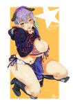  1girl american_flag_bikini animal_ears bikini black_footwear blue_eyes blush boots breasts cleavage closed_mouth commission dated dog_ears flag_print front-tie_bikini front-tie_top full_body hair_ribbon hand_up high_heel_boots high_heels huge_breasts ikuchan_kaoru_(character) indie_virtual_youtuber looking_at_viewer low_twintails mole mole_under_eye oomsz purple_hair red_ribbon ribbon second-party_source side-tie_bikini signature skeb_commission smile solo swimsuit twintails yellow_background 