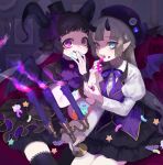  2girls :q animal_ears aqua_eyes bat_wings black_hair black_legwear black_shirt black_shorts black_skirt bow braid candle candlestand collared_shirt couch cowboy_shot crown_(symbol) demon_girl eyeball eyelashes eyeshadow feeding fire french_braid frilled_skirt frills goat_ears goat_girl goat_horns gold_trim grey_hair hat hat_bow heart heart_tail highres holding horns indoors jabot jack-o&#039;-lantern juliet_sleeves lace-trimmed_collar lace-trimmed_legwear lace_trim liquid long_hair long_sleeves looking_at_viewer makeup mini_hat mini_top_hat mole mole_under_eye multiple_girls neck_ribbon on_couch open_mouth original picture_frame pink_eyes pink_fire pointy_ears puffy_shorts puffy_sleeves purple_bow purple_fire purple_headwear purple_ribbon purple_vest ribbon shirt short_hair short_sleeves shorts shou_(hanasakukoroni) sitting skirt star_(symbol) striped striped_shirt tail tareme thighhighs tongue tongue_out top_hat tsurime vertical-striped_shirt vertical_stripes very_long_hair vest white_shirt wings wrist_cuffs 
