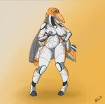  2020 aircraft anthro breasts concorde curvy_figure featureless_crotch female full-length_portrait hand_on_breast hand_on_hip hi_res living_aircraft living_machine living_vehicle machine noti21 orange_body portrait simple_background solo standing vehicle voluptuous white_body 