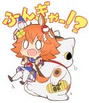  1girl =3 animal_ears backpack bag bangs bead_bracelet beads blank_eyes blush bracelet chibi clothing_cutout clover_hair_ornament daruma_doll ema gold hair_ornament highres holding_strap horse_ears horse_girl horse_tail jewelry koban_(gold) looking_at_viewer maneki-neko matikanefukukitaru_(umamusume) neckerchief nihudau open_mouth orange_hair outstretched_arm pleated_skirt red_neckerchief sailor_collar shoulder_cutout simple_background skirt smile solo strap sweat tail translation_request umamusume v-shaped_eyebrows white_background white_legwear yellow_eyes 