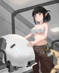  1girl absurdres ahoge arknights bangs bare_arms bare_shoulders belt black_hair black_pants blue_eyes blunt_bangs breasts camisole cowboy_shot crop_top eunectes_(arknights) eunectes_(forgemaster)_(arknights) highres imocy indoors lancet-2_(arknights) large_breasts midriff navel pants parted_lips pointy_ears robot short_hair snake_tail spaghetti_strap standing stomach sweatdrop tail 