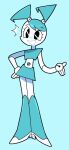  1girl :d android aqua_hair blue_background blue_hair colored_skin dvampiresmile english_commentary eyebrows_visible_through_hair full_body hand_on_hip highres jenny_wakeman joints looking_at_viewer midriff my_life_as_a_teenage_robot navel open_mouth robot robot_joints short_twintails simple_background skirt smile solo standing twintails white_skin 