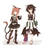  2girls :3 absurdres adapted_costume ahoge animal_ear_fluff animal_ears arms_behind_back bangs bare_shoulders belt bespectacled bird_wings black_legwear braid brown_hair cat_ears cat_tail clothes_around_waist cosplay earrings eyebrows_visible_through_hair feathered_wings full_body garter_straps glasses green_skirt groin hand_up hecatia_lapislazuli hecatia_lapislazuli_(cosplay) highres jewelry kaenbyou_rin light_blush light_smile long_hair looking_at_viewer low_wings midriff multiple_girls multiple_tails nekomata no_hair_bow off-shoulder_shirt off_shoulder petticoat red_eyes red_hair reiuji_utsuho round_eyewear shirt shirt_around_waist simple_background single_earring skirt sleeves_past_elbows tail tank_top thighhighs toes touhou twin_braids twintails two_tails very_long_hair white_background wings yenyen 