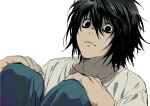  1boy black_eyes black_hair blue_pants closed_mouth death_note highres ikuchan_kaoru l_(death_note) looking_at_viewer male_focus pants shirt simple_background sitting solo white_background white_shirt wide-eyed 