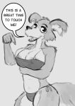  2022 5_fingers anthro areola areola_slip arm_under_breasts beastars big_breasts bluedouble bra breasts canid canine canis claws cleavage clothed clothing dialogue digital_media_(artwork) english_text female finger_claws fingers fur gesture greyscale hi_res humanoid_hands juno_(beastars) looking_at_viewer mammal monochrome navel nipple_outline open_mouth open_smile pointing pointing_at_breasts pointing_at_self smile solo speech_bubble text thong underwear wolf 