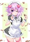  1girl alternate_costume binato_lulu blush chocolate dress enmaided hair_between_eyes hair_ornament heart heart_hair_ornament highres looking_at_viewer maid neptune_(neptune_series) neptune_(series) one_eye_closed pink_hair purple_eyes purple_hair short_hair smile solo valentine 