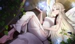  1girl ankkoyom arm_up barefoot blonde_hair bravely_default:_brilliant_lights bravely_default_(series) breasts dress facial_mark fairy fairy_wings feet forehead_mark green_eyes highres light long_hair lumina_(bravely_default) magic pointy_ears smile solo toes very_long_hair white_dress wings 