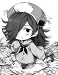  1girl acorn blush cosplay dress fang full_body greyscale hair_over_one_eye hakumei_(hakumei_to_mikochi) hakumei_(hakumei_to_mikochi)_(cosplay) hakumei_to_mikochi hat leaf long_hair looking_at_viewer minigirl monochrome neckerchief nihudau open_mouth original sailor_collar sleeves_past_fingers sleeves_past_wrists solo walking 