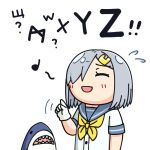  1girl alphabet blue_eyes commentary_request cyrillic eighth_note grey_sailor_collar hair_ornament hair_over_one_eye hairclip hama!_(3toshinhmkz) hamakaze_(kancolle) index_finger_raised kantai_collection mixed-language_text music musical_note neckerchief no_nose quarter_note rune sailor_collar school_uniform serafuku short_hair silver_hair simple_background singing solo stuffed_animal stuffed_shark stuffed_toy upper_body white_background yellow_neckerchief you&#039;re_doing_it_wrong 
