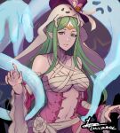  1girl artist_name bandages bangs bare_shoulders breasts chest_sarashi cm_lynarc fire_emblem fire_emblem_awakening fire_emblem_heroes ghost green_eyes green_hair halloween_costume long_hair looking_at_viewer naga_(fire_emblem) navel official_alternate_costume parted_bangs pointy_ears sarashi signature solo tiara 