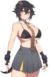  1girl absurdres animal_ears arknights arms_at_sides bare_shoulders between_breasts bikini black_bikini black_gloves black_hair breasts brown_eyes brown_necktie cleavage closed_mouth cowboy_shot detached_collar dog_ears dog_girl dog_tail fingerless_gloves gloves grey_skirt hair_between_eyes hanenosaki highres jackie_(arknights) large_breasts looking_at_viewer miniskirt necktie necktie_between_breasts paw_print pleated_skirt print_bikini revision short_hair simple_background skirt smile solo swimsuit tail underboob white_background 