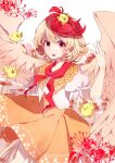  &gt;_&lt; 1girl ametama_(runarunaruta5656) animal_on_head arm_up bangs basket bird bird_on_head bird_wings blonde_hair blush breasts chick cleavage collar commentary_request cowboy_shot dress egg eyebrows_visible_through_hair flower frilled_collar frills highres looking_at_viewer niwatari_kutaka on_head open_mouth orange_dress puffy_short_sleeves puffy_sleeves red_eyes red_hair red_neckwear ribbon short_hair short_sleeves solo spider_lily standing tail_feathers touhou vest white_vest wings yellow_wings 