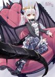  1girl armchair black_collar black_dress black_footwear black_legwear black_nails chair circlet closed_mouth collar commentary_request dragon_girl dragon_horns dragon_tail dragon_wings dress frilled_dress frills grey_hair grey_wings heterochromia highres horns long_hair long_sleeves looking_at_viewer multicolored_hair nail_polish nishi_yasuaki on_chair original pointy_ears ponytail red_eyes red_hair shoes signature solo streaked_hair tail thighhighs translation_request very_long_hair wings yellow_eyes 