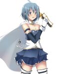  1girl :d absurdres blue_eyes blue_hair cape gloves grief_seed hair_ornament hairclip hateri highres holding holding_sword holding_weapon magical_girl mahou_shoujo_madoka_magica miki_sayaka musical_note_hair_ornament short_hair smile solo sword thighhighs weapon white_gloves white_legwear 