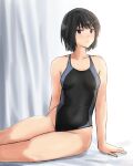  1girl amagami arm_support bed black_hair black_swimsuit bob_cut breasts brown_eyes collarbone competition_swimsuit curtains feet_out_of_frame highleg highleg_swimsuit highres looking_at_viewer nanasaki_ai one-piece_swimsuit short_hair sitting small_breasts solo swimsuit ykh1028 yokozuwari 