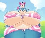  &lt;3 anthro belly big_belly big_breasts bottomwear breasts carrying clothed clothing duo erect_nipples eyes_closed female hi_res huge_breasts huztar hyper hyper_breasts larger_female male multicolored_body musical_note navel nintendo nipple_outline nipples on_head open_mouth overweight overweight_anthro overweight_female pok&eacute;mon pok&eacute;mon_(species) size_difference skitty smaller_male smile snorlax thick_thighs topwear two_tone_body video_games wide_hips 