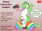  2022 alternate_version_at_source anthro balls bedroom_eyes biped clothed clothing dabelette dialogue dildo dildo_sitting english_text erection foreskin front_view furgonomics furry-specific_piercing genitals glans gradient_background green_body hand_behind_head hi_res holding_dildo holding_object holding_sex_toy humanoid_genitalia humanoid_penis kneeling legwear legwear_only livestream long_tongue male mario_bros mostly_nude multicolored_body multicolored_clothing multicolored_legwear multicolored_stockings narrowed_eyes nintendo penetration penile penis piercing rainbow_clothing rainbow_legwear rainbow_stockings seductive sex_toy simple_background solo speech_bubble stockings stockings_only text tongue topless two_tone_body vibrator vibrator_on_penis video_games white_body yoshi 