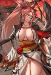  1girl amputee anima_(togashi) baiken big_hair black_kimono breasts cleavage facial_tattoo guilty_gear guilty_gear_strive hair_over_eyes hair_over_one_eye highres huge_breasts japanese_clothes kataginu kimono large_breasts long_bangs long_hair multicolored_clothes multicolored_kimono one-eyed pink_hair ponytail sash scar scar_across_eye scar_on_face smile standing tattoo very_long_hair white_kimono 