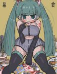  1girl @_@ absurdres bangs black_gloves black_legwear blue_eyes blue_hair blunt_bangs blush breasts chopsticks closed_mouth collarbone earrings elbow_gloves eyebrows_visible_through_hair garter_straps gloves grey_skirt hatsune_miku highres jewelry large_breasts long_hair looking_at_viewer navel pleated_skirt resupuburika sitting skirt solo stud_earrings thighhighs twintails vocaloid zipper zipper_pull_tab zipper_skirt 