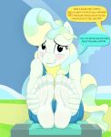  anthro anthrofied bite biting_lip blue_eyes blush caroo dialogue english_text equid equine feet female friendship_is_magic fur hasbro humanoid_feet mammal my_little_pony offscreen_character sitting solo text vapor_trail_(mlp) white_body white_fur 