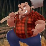  2022 anthro axe belly bottomwear brown_body clothing hi_res humanoid_hands k_gutless kemono lumberjack male mammal mature_male melee_weapon outside overweight overweight_male pants shirt solo suspenders topwear ursid weapon 