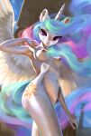  anthro breasts equid equine female friendship_is_magic fur hasbro hi_res horn jumperkit looking_at_viewer mammal my_little_pony nipples princess_celestia_(mlp) smile solo spread_wings white_body white_fur wide_hips winged_unicorn wings 