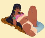  1girl bangs bare_legs barefoot belly black_hair blush breasts brown_lips chel_(the_road_to_el_dorado) closed_mouth dark-skinned_female dark_skin half-closed_eyes hand_on_own_chest hand_up knee_up kukumomo large_breasts lips loincloth long_hair lying midriff navel on_back reward_available seductive_smile simple_background smile solo spread_legs stomach strapless the_road_to_el_dorado toenails toes tube_top underboob upshirt very_long_hair wrist_cuffs yellow_background 