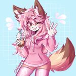  1girl :3 anakoluth animal_ears blush bubble_tea closed_mouth eyebrows_visible_through_hair fox_ears fox_girl fox_tail furry furry_female gift_art highres hood hoodie long_hair long_sleeves looking_at_viewer one_eye_closed original pink_eyes pink_hair pink_hoodie pink_legwear smile solo tail thighhighs tongue tongue_out v 