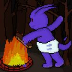  ambiguous_gender anthro campfire diaper digital_media_(artwork) fire fireplace firewood forest night pixel_(artwork) plant scared shadow_(zack_slipper) solo tree zack_slipper 