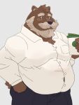  2022 anthro beard belly black_nose bluewhale127 bottomwear clothing facial_hair hi_res humanoid_hands kemono male mammal mature_male mustache overweight overweight_male pants scar shirt simple_background solo topwear ursid 
