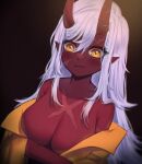  1girl absurdres akumi_(yoclesh) black_background breasts cleavage closed_mouth colored_skin fang hair_between_eyes highres horns large_breasts long_hair pointy_ears red_horns red_skin scar shirt simple_background skin_fang sky_above_me solo virtual_youtuber vyugen white_hair yellow_eyes yellow_shirt 