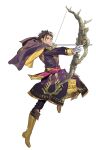  1boy alternate_costume alternate_hairstyle armor bow bow_(weapon) brown_hair cape claude_von_riegan dark-skinned_male dark_skin earrings failnaught_(fire_emblem) fire_emblem fire_emblem:_three_houses fire_emblem_warriors:_three_hopes garreg_mach_monastery_uniform gloves green_eyes highres holding holding_bow_(weapon) holding_weapon jewelry kurahana_chinatsu long_sleeves official_alternate_costume official_art short_hair third-party_source weapon 