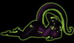  absurd_res areola big_breasts black_background breasts cobra dark_theme goldmikun green_eyes green_glow green_outline green_theme hi_res long_tail looking_at_viewer lounging lying nipples non-mammal_breasts nude outline purple_body purple_scales qhala ratherdevious reptile scales scalie simple_background snake story 