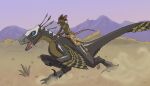  absurd_res anthro avian blue_eyes claws clothing desert dinosaur dromaeosaurid duo feathered_wings feathers female feral hi_res male male/female mammal melanth_(artist) military_uniform mount/rider_relations murid murine rat reptile rodent running scalie theropod thrymja uniform utahraptor wings 