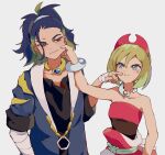  1boy 1girl :t adaman_(pokemon) anger_vein angry bangs blonde_hair blue_coat blue_eyes blue_hair brown_eyes cheek_pinching cheek_poking closed_mouth coat collar collarbone commentary eyebrow_cut frown green_hair hair_between_eyes hairband highres irida_(pokemon) ntakehisa pinching pokemon pokemon_(game) pokemon_legends:_arceus poking red_hairband red_shirt sash shirt short_hair strapless strapless_shirt white_background 