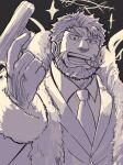  1boy 1hao_(@cerbero64) bara beard cigar ded_(housamo) facial_hair forked_eyebrows grin gun halo highres holding holding_gun holding_weapon looking_at_viewer male_focus mature_male monochrome necktie official_alternate_costume short_hair smile smoking snowflakes solo thick_eyebrows tokyo_afterschool_summoners upper_body weapon 