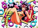  1990s_(style) 1girl animal_print bangs bikini blue_eyes boots breasts cleavage collarbone eyebrows_visible_through_hair floating hair_behind_ear highres horns lightning_bolt_symbol lum medium_breasts open_mouth pointing pointing_up pointy_ears potiri02 purple_hair retro_artstyle smile solo swimsuit thigh_boots thighhighs tiger_print urusei_yatsura 