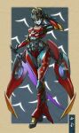  1girl autobot blue_eyes ct990413 energy_sword hand_on_head head_tilt highres holding holding_sword holding_weapon low_wings mecha mechanical_wings no_humans redesign science_fiction solo sword transformers walking weapon windblade wings 