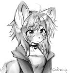  1girl ahoge anakoluth animal_ears breasts choker cleavage crying crying_with_eyes_open dog_ears dog_girl dog_tail eyebrows_visible_through_hair furry furry_female greyscale heart heart_choker highres looking_at_viewer monochrome no_eyewear original short_hair small_breasts solo tail tears upper_body 